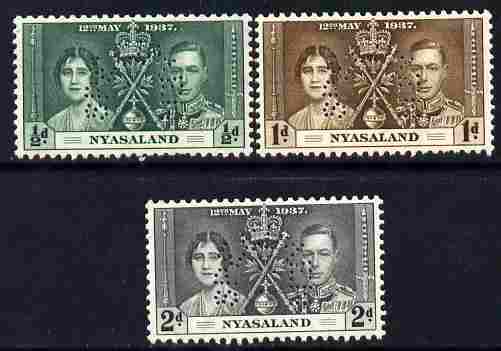 Nyasaland 1937 KG6 Coronatio set of 3 perforated SPECIMEN fine with gum and only 415 produced