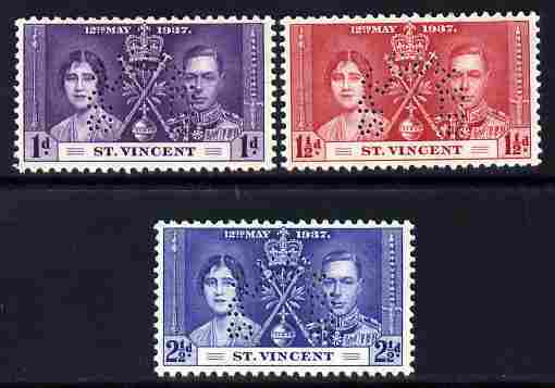 St Vincent 1937 KG6 Coronation set of 3 perforated SPECIMEN fine with gum and only 415 produced, stamps on coronation, stamps on  kg6 , stamps on royalty, stamps on specimen