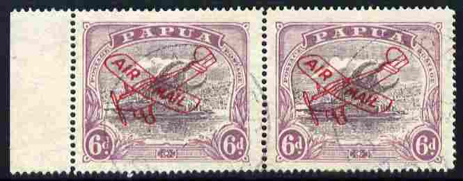 Papua 1930 air 6d (Ash printing) marginal horizontal pair, one stamp with POSTACE variety fine cds used SG 119a, stamps on aviation