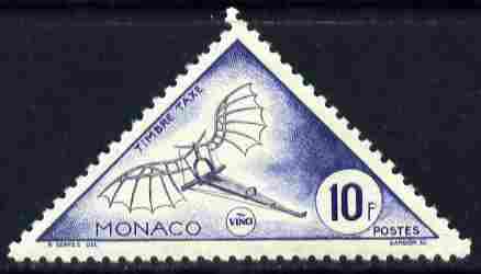 Monaco 1953 Postage Due 10c Da Vinci's drawing of Flying Machine unmounted mint triangular, SG D488, stamps on , stamps on  stamps on aviation, stamps on  stamps on postage due, stamps on  stamps on da vinci, stamps on  stamps on triangulars