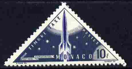Monaco 1953 Postage Due 10c Postal Rocket unmounted mint triangular, SG D489, stamps on aviation, stamps on postage due, stamps on postal, stamps on rockets, stamps on triangulars