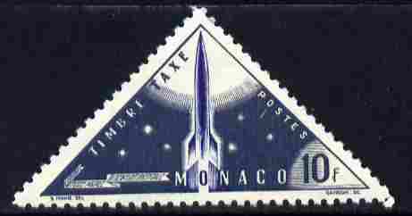 Monaco 1953 Postage Due 10c Postal Rocket unmounted mint triangular, SG D489, stamps on , stamps on  stamps on aviation, stamps on  stamps on postage due, stamps on  stamps on postal, stamps on  stamps on rockets, stamps on  stamps on triangulars