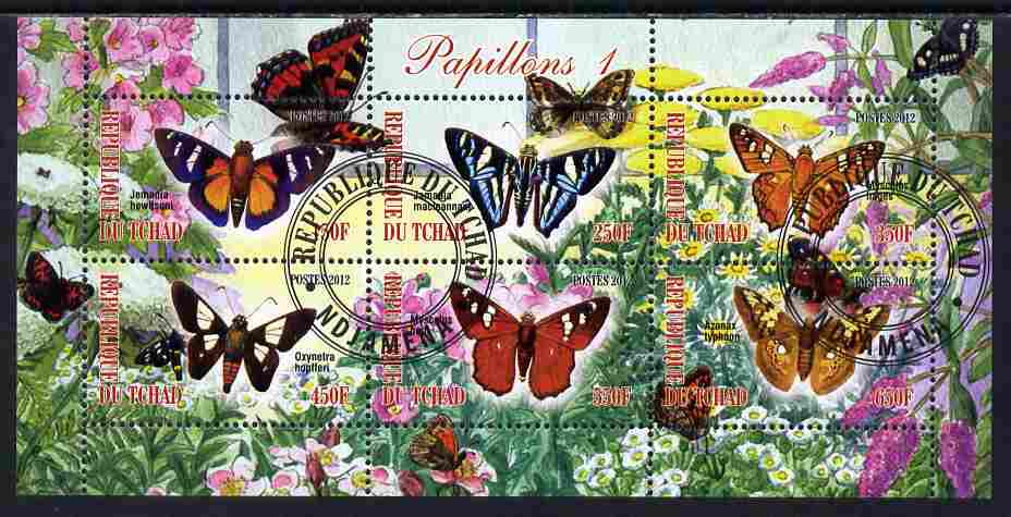 Chad 2012 Butterflies #1 perf sheetlet containing 6 values cto used, stamps on , stamps on  stamps on butterflies