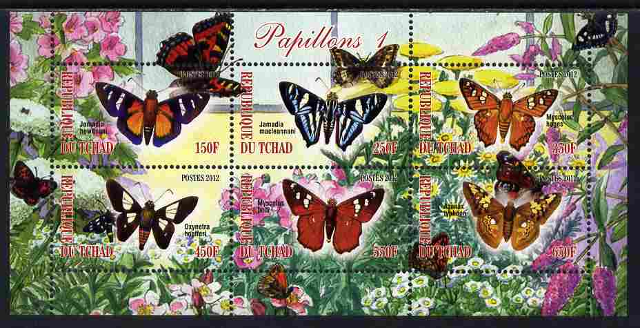 Chad 2012 Butterflies #1 perf sheetlet containing 6 values unmounted mint, stamps on , stamps on  stamps on butterflies