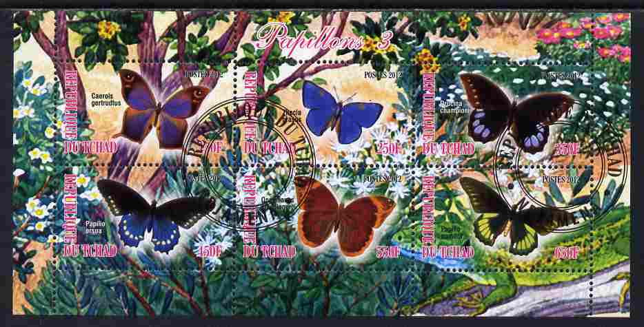 Chad 2012 Butterflies #3 perf sheetlet containing 6 values cto used, stamps on butterflies