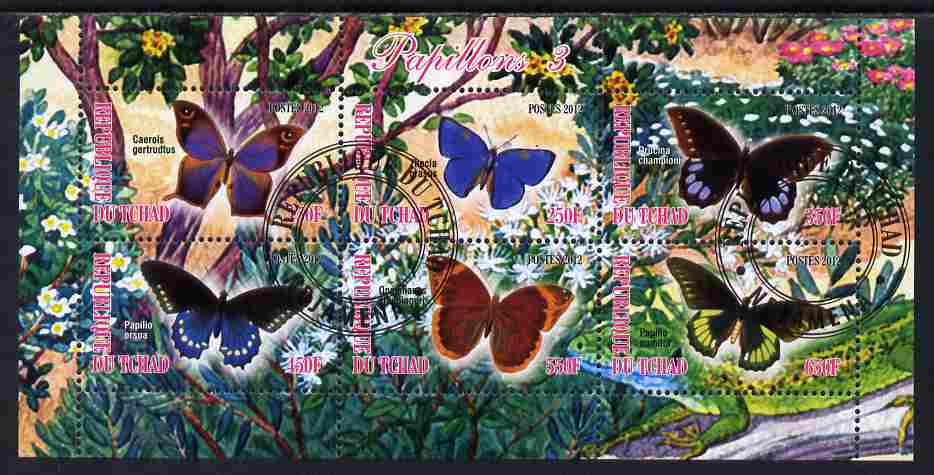 Chad 2012 Butterflies #3 perf sheetlet containing 6 values cto used, stamps on , stamps on  stamps on butterflies