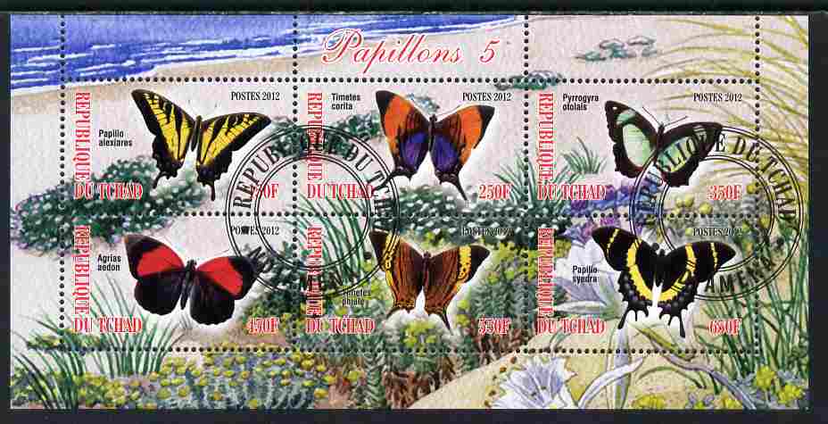 Chad 2012 Butterflies #5 perf sheetlet containing 6 values cto used, stamps on , stamps on  stamps on butterflies