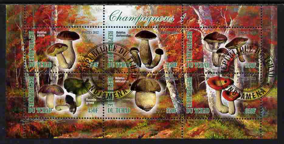 Chad 2012 Mushrooms #1 perf sheetlet containing 6 values cto used, stamps on , stamps on  stamps on fungi