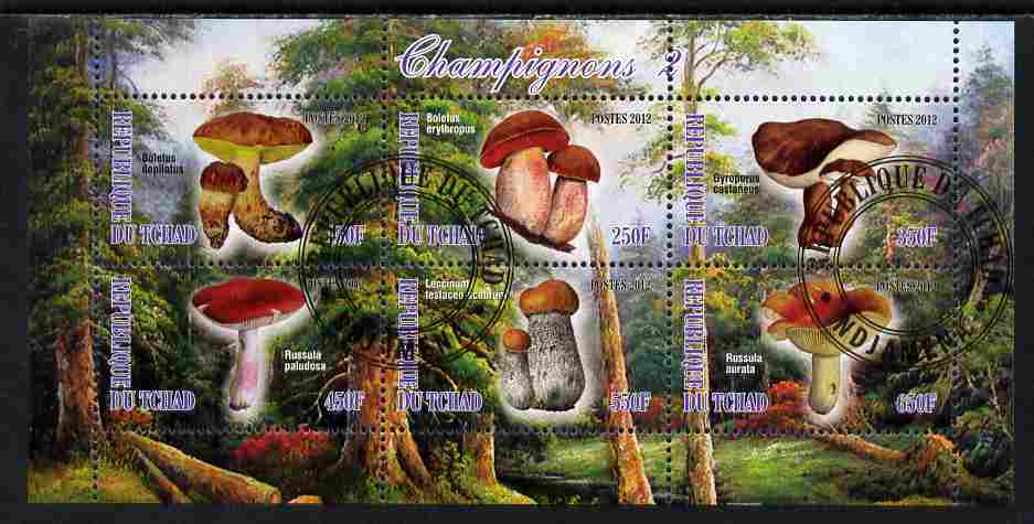 Chad 2012 Mushrooms #2 perf sheetlet containing 6 values cto used, stamps on , stamps on  stamps on fungi