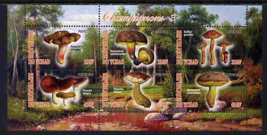 Chad 2012 Mushrooms #3 perf sheetlet containing 6 values unmounted mint, stamps on , stamps on  stamps on fungi