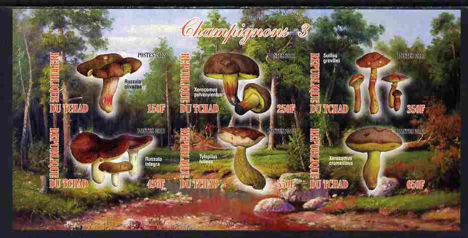 Chad 2012 Mushrooms #3 imperf sheetlet containing 6 values unmounted mint, stamps on , stamps on  stamps on fungi