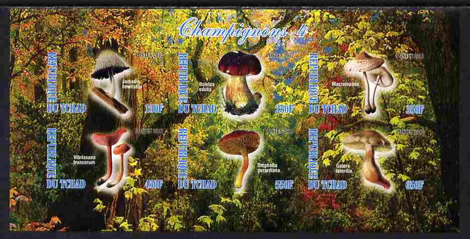 Chad 2012 Mushrooms #4 imperf sheetlet containing 6 values unmounted mint, stamps on , stamps on  stamps on fungi