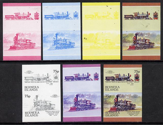 Bernera 1983 Locomotives #2 (Chicago, Rock Island & Pacific Railroad) 75p set of 7 se-tenant progressive proof pairs comprising the 4 individual colours plus 2, 3 and all..., stamps on railways