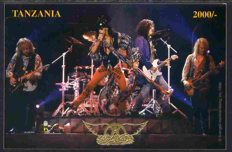 Tanzania 1996 Aerosmith #2 imperf deluxe m/sheet 2,000s value on thin card with gold embossing and numbered on reverse unmounted mint, stamps on , stamps on  stamps on music, stamps on  stamps on rock, stamps on  stamps on pops