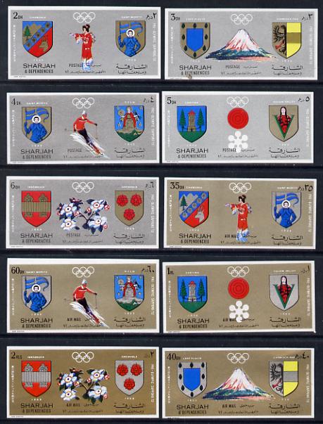 Sharjah 1972 Sapporo Winter Pre-Winter Olympics imperf set of 10 unmounted mint (Mi 825-34B) , stamps on , stamps on  stamps on sport     heraldry, stamps on  stamps on arms        olympics