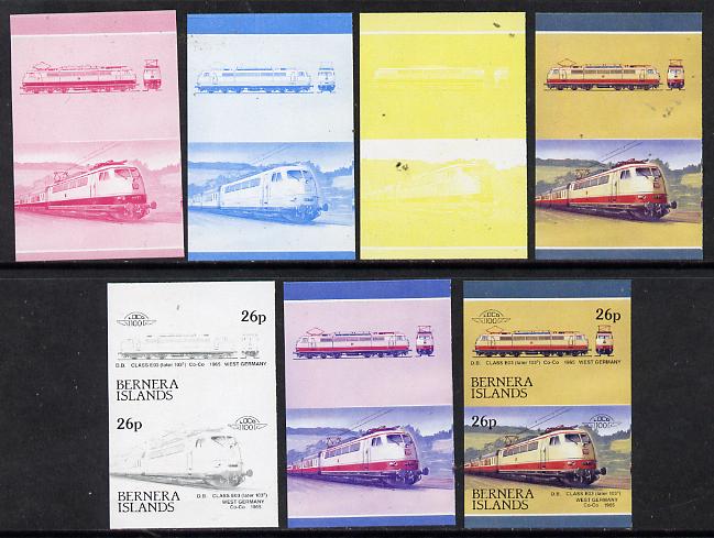 Bernera 1983 Locomotives #2 (DB Class EO3) 26p set of 7 se-tenant progressive proof pairs comprising the 4 individual colours plus 2, 3 and all 4 colour composites (7 pro..., stamps on railways