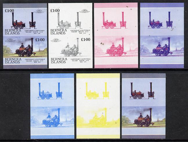 Bernera 1983 Locomotives #2 (Canterbury & Whitstable Rly) A31 set of 7 se-tenant progressive proof pairs comprising the 4 individual colours plus 2, 3 and all 4 colour composites (7 proof pairs) unmounted mint*, stamps on , stamps on  stamps on railways