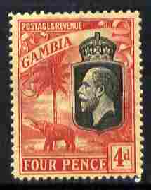 Gambia 1922-29 KG5 MCA Elephant & Palm 4d black & red on yellow mounted mint SG 118, stamps on , stamps on  stamps on , stamps on  stamps on  kg5 , stamps on  stamps on elephants, stamps on  stamps on trees, stamps on  stamps on palms
