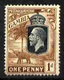 Gambia 1922-29 KG5 Script CA Elephant & Palm 1d black & brown mounted mint SG 124, stamps on , stamps on  kg5 , stamps on elephants, stamps on trees, stamps on palms