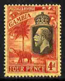Gambia 1922-29 KG5 Script CA Elephant & Palm 4d black & red on yellow mounted mint SG 129, stamps on , stamps on  kg5 , stamps on elephants, stamps on trees, stamps on palms