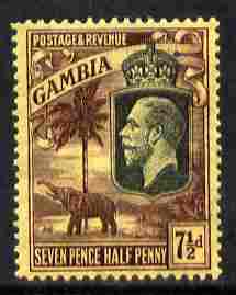 Gambia 1922-29 KG5 Script CA Elephant & Palm 7.5d black & purple on yellow mounted mint SG 132, stamps on , stamps on  kg5 , stamps on elephants, stamps on trees, stamps on palms