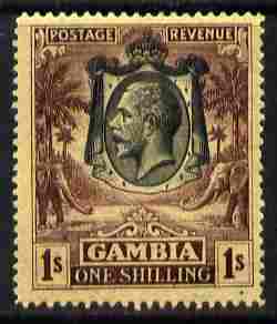 Gambia 1922-29 KG5 Script CA Elephant & Palm 1s black & purple on yellow mounted mint SG 134, stamps on , stamps on  stamps on , stamps on  stamps on  kg5 , stamps on  stamps on elephants, stamps on  stamps on trees, stamps on  stamps on palms