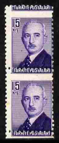 Turkey 1948 Ataturk 15k vert pair with 4mm misplaced perfs unmounted mint, SG1384, stamps on , stamps on  stamps on personalities, stamps on  stamps on ataturk  , stamps on  stamps on dictators.