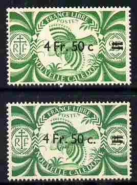 New Caledonia 1945 4f50 on 25c green Kagu two examples with different surcharges (with and without stops) both unmounted mint, stamps on , stamps on  stamps on birds