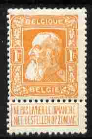 Belgium 1905 Leopold 1f orange with tab lightly mounted mint SG 104a , stamps on , stamps on  stamps on   , stamps on  stamps on dictators.