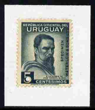 Uruguay 1941 Juan Blanes 5c Printer's sample in grey (issued stamp was bistre-brown) overprinted SPECIMEN Waterlow & Sons with security punch hole and mounted on small piece, as SG 855, stamps on , stamps on  stamps on arts, stamps on  stamps on 