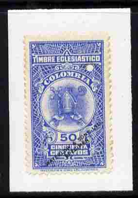 Colombia 1940s Timbre Eclesiastico 50c Printers sample in blue overprinted Waterlow & Sons SPECIMEN with security punch hole and mounted on small piece, stamps on religion