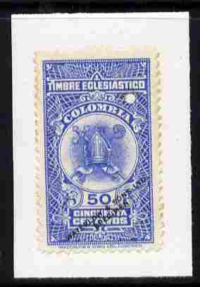 Colombia 1940's Timbre Eclesiastico 50c Printer's sample in blue overprinted Waterlow & Sons SPECIMEN with security punch hole and mounted on small piece, stamps on , stamps on  stamps on religion