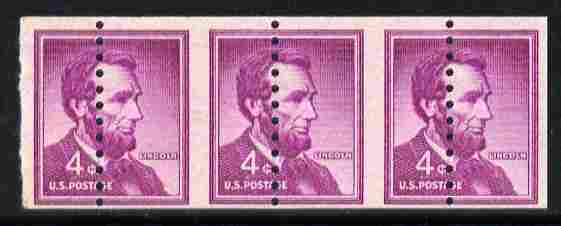 United States 1954 Lincoln 4c coil strip of 3 perforated through centre of stamps (perfs misplaced 10mm) unmounted mint as SG 1058, stamps on personalities, stamps on lincoln, stamps on constitutions, stamps on usa presidents, stamps on americana, stamps on slavery, stamps on racism, stamps on theatres