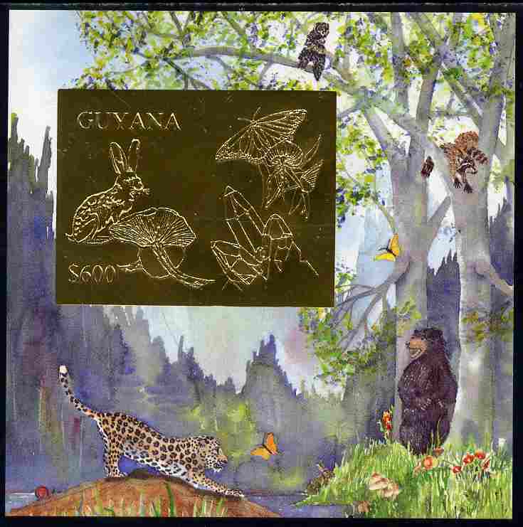 Guyana 1995 Nature $600 deluxe imperf m/sheet with design in gold foil showing Rabbit, Butterfly, Mineral Crystals & Mushroom, on card from a limited numbered edition, stamps on , stamps on  stamps on animals, stamps on  stamps on rabbits, stamps on  stamps on minerals, stamps on  stamps on butterflies, stamps on  stamps on fungi
