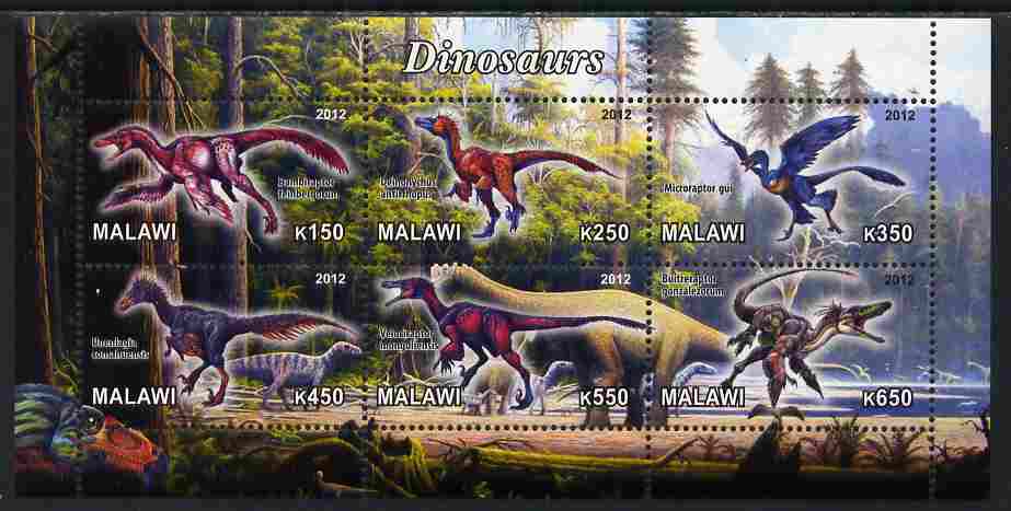 Malawi 2012 Dinosaurs #01 perf sheetlet containing 6 values unmounted mint, stamps on , stamps on  stamps on dinosaurs