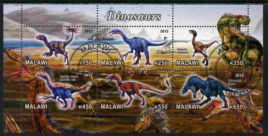 Malawi 2012 Dinosaurs #02 perf sheetlet containing 6 values cto used, stamps on dinosaurs