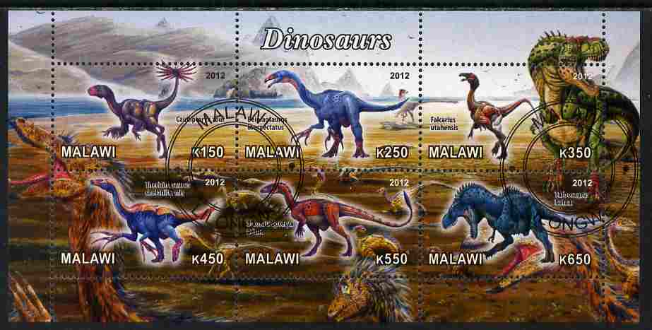 Malawi 2012 Dinosaurs #02 perf sheetlet containing 6 values cto used, stamps on , stamps on  stamps on dinosaurs