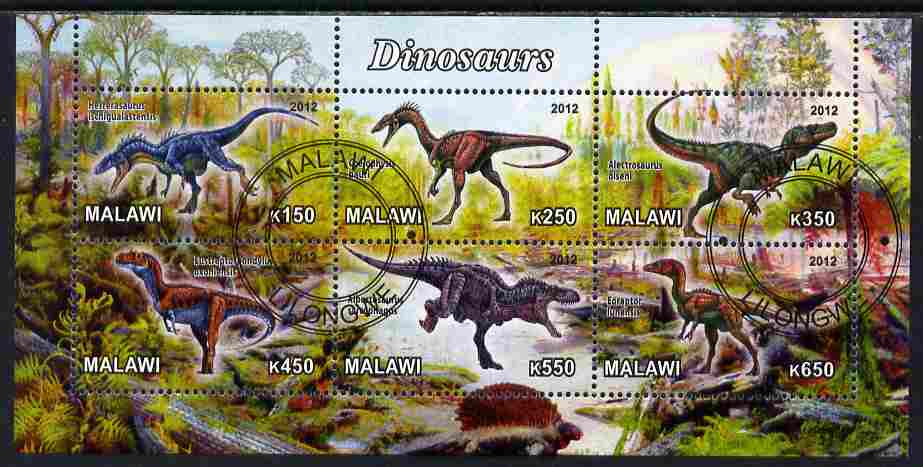 Malawi 2012 Dinosaurs #04 perf sheetlet containing 6 values cto used, stamps on , stamps on  stamps on dinosaurs