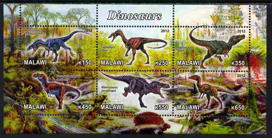 Malawi 2012 Dinosaurs #04 perf sheetlet containing 6 values unmounted mint, stamps on dinosaurs