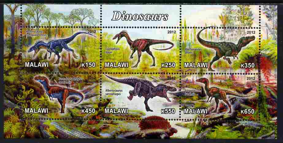 Malawi 2012 Dinosaurs #04 perf sheetlet containing 6 values unmounted mint, stamps on , stamps on  stamps on dinosaurs