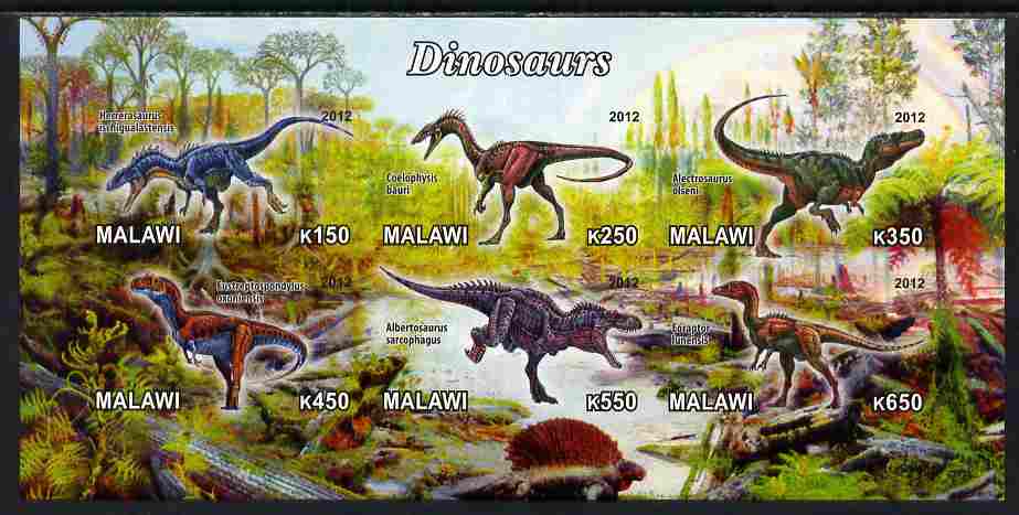 Malawi 2012 Dinosaurs #04 imperf sheetlet containing 6 values unmounted mint, stamps on dinosaurs