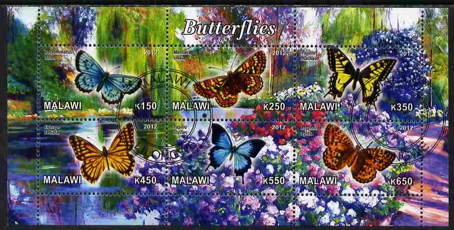 Malawi 2012 Butterflies #01 perf sheetlet containing 6 values cto used, stamps on butterflies