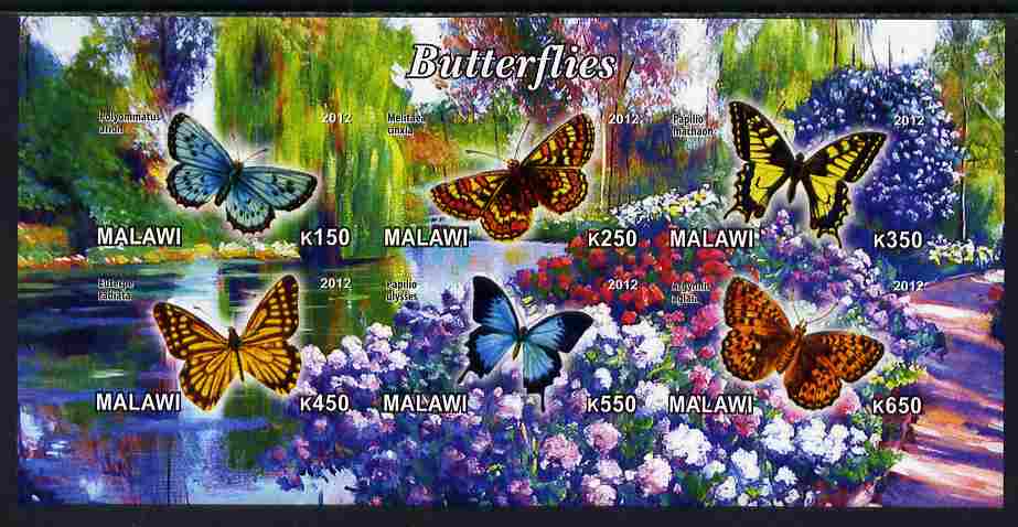 Malawi 2012 Butterflies #01 imperf sheetlet containing 6 values unmounted mint, stamps on , stamps on  stamps on butterflies