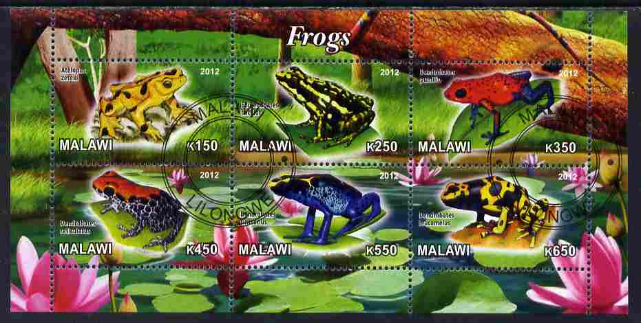 Malawi 2012 Frogs #2 perf sheetlet containing 6 values cto used, stamps on frogs, stamps on amphibians