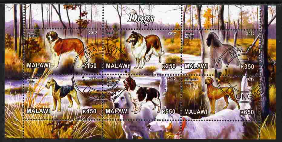 Malawi 2012 Dogs #3 perf sheetlet containing 6 values cto used, stamps on dogs