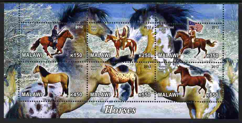 Malawi 2012 Horses #2 perf sheetlet containing 6 values unmounted mint, stamps on horses, stamps on wild west, stamps on indians, stamps on flags