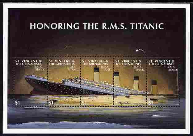 St Vincent 1997 85th Anniversary of Sinking of RMS Titanic perf sheetlet containing set of 5 values unmounted mint SG 3867a, stamps on , stamps on  stamps on ships, stamps on  stamps on disasters