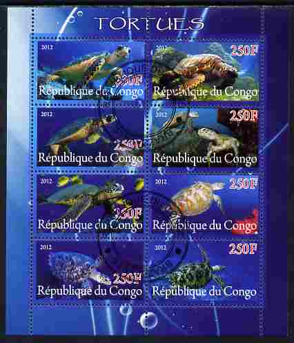 Congo 2012 Turtles perf sheetlet containing 8 values fine cto used, stamps on , stamps on  stamps on marine life, stamps on  stamps on turtles