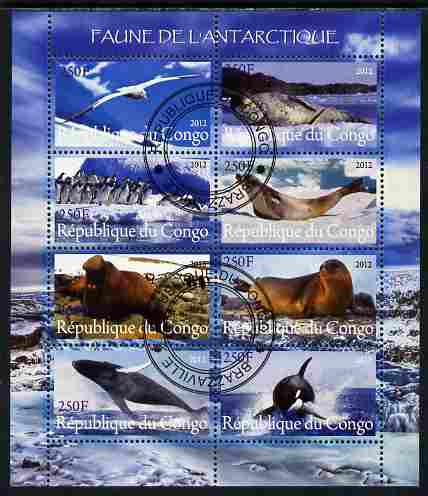 Congo 2012 Antarctic Fauna perf sheetlet containing 8 values fine cto used, stamps on , stamps on  stamps on marine life, stamps on  stamps on polar, stamps on  stamps on seals, stamps on  stamps on whales, stamps on  stamps on penuins