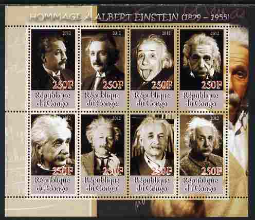 Congo 2012 Albert Einstein perf sheetlet containing 8 values unmounted mint , stamps on personalities, stamps on einstein, stamps on science, stamps on physics, stamps on nobel, stamps on maths, stamps on space, stamps on judaica, stamps on atomics, stamps on mathematics, stamps on judaism